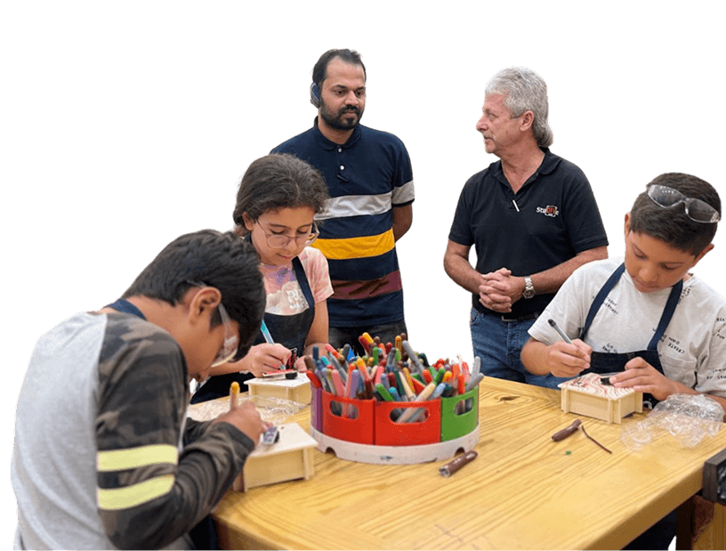 Students working on woodworking projects
